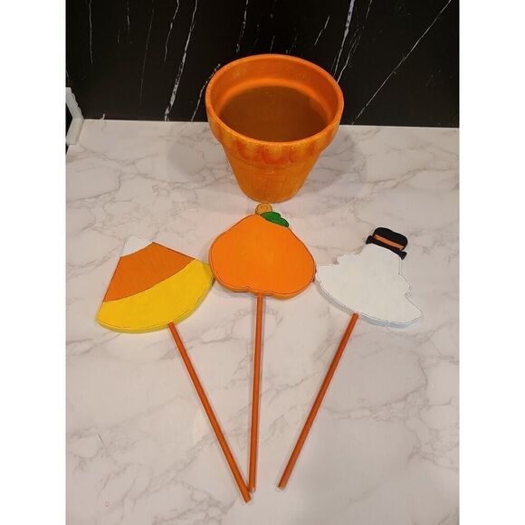 Hand Painted Wood Folk Art Ghost Pumpkin Candy Corn 3D Planter Décor Halloween - Picture 6 of 11